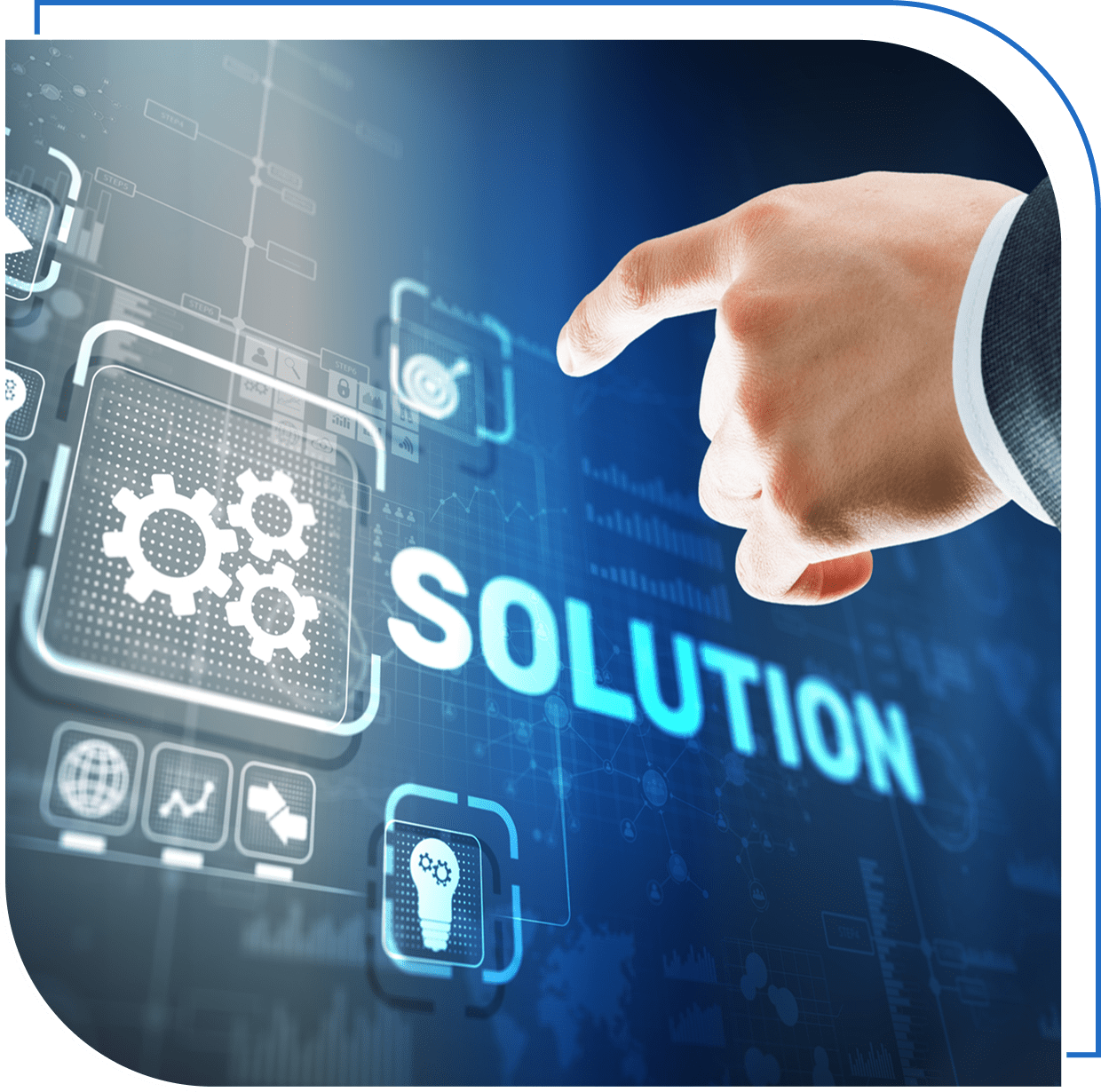 Hand pointing at digital solution concept interface.